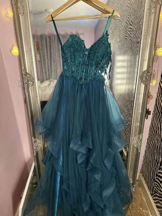 V Neck Fluffy Blue Lace Long Prom Dresses, Blue Lace Formal Evening Dresses DMP317