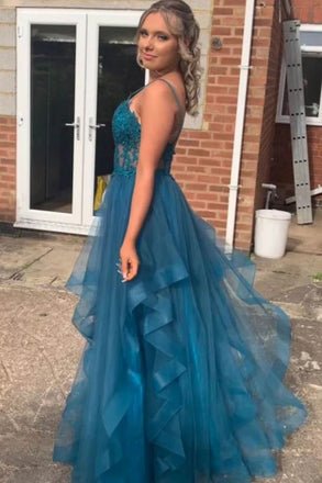 V Neck Fluffy Blue Lace Long Prom Dresses, Blue Lace Formal Evening Dresses DMP317