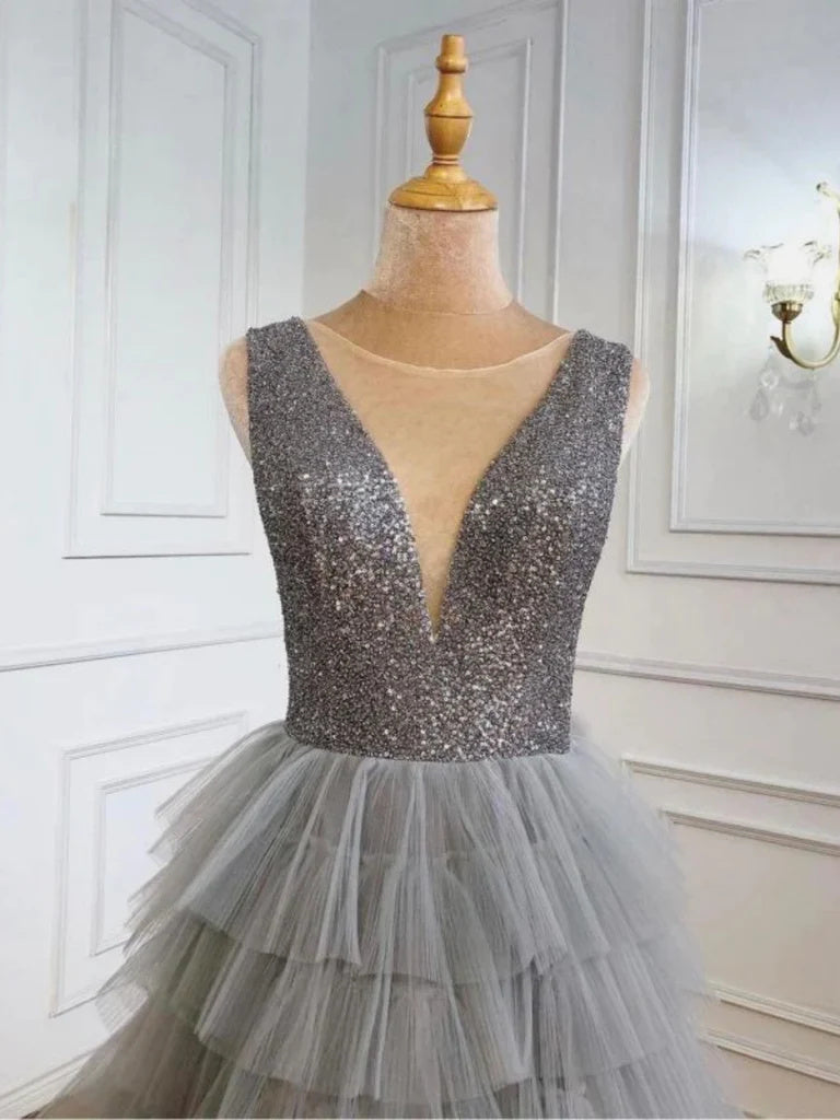 V Neck Layered Gray Sequins Long Prom Dresses, A Line Tulle Formal Evening Dresses DMP334