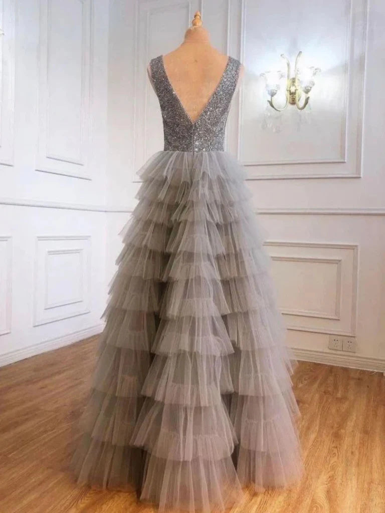 V Neck Layered Gray Sequins Long Prom Dresses, A Line Tulle Formal Evening Dresses DMP334