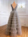 V Neck Layered Gray Sequins Long Prom Dresses, A Line Tulle Formal Evening Dresses DMP334