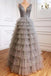 V Neck Layered Gray Sequins Long Prom Dresses, A Line Tulle Formal Evening Dresses DMP334