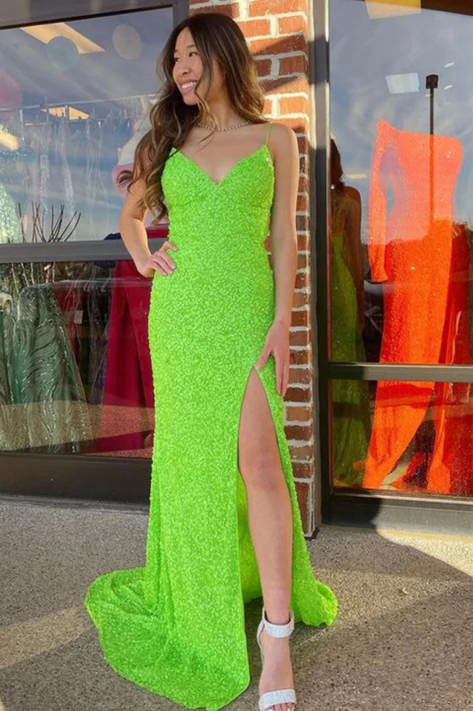 V Neck Mermaid Green Sequins Long Prom Dresses with High Slit, Formal Graduation Evening Dresses DMP332