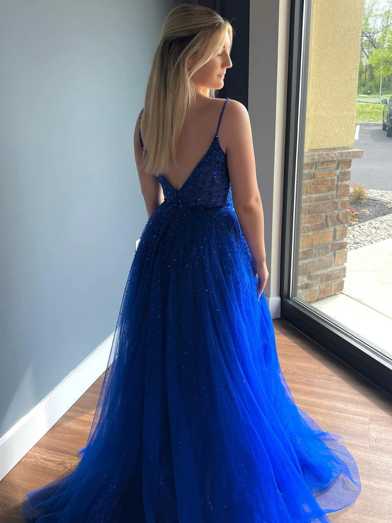 V Neck V Back Beaded Royal Blue Long Prom Dresses, Formal Graduation Evening Dresses DMP335