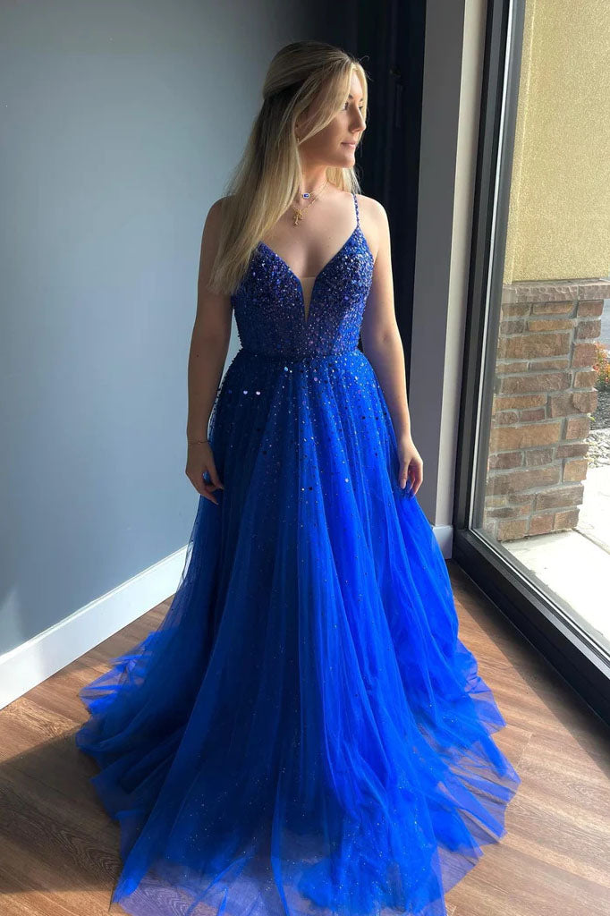 V Neck V Back Beaded Royal Blue Long Prom Dresses, Formal Graduation Evening Dresses DMP335