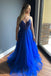 V Neck V Back Beaded Royal Blue Long Prom Dresses, Formal Graduation Evening Dresses DMP335