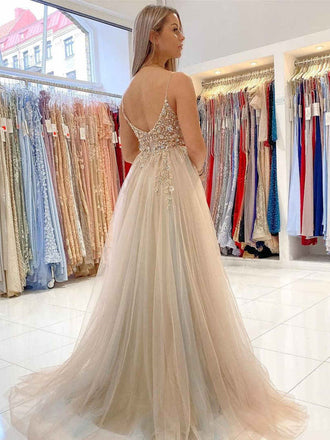 A Line V Neck Tulle Beaded Backless Long Prom Dress with High Slit DMP119