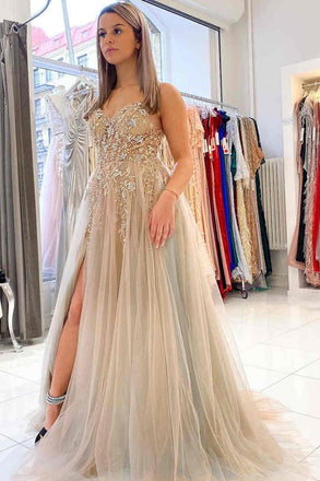 A Line V Neck Tulle Beaded Backless Long Prom Dress with High Slit DMP119