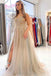 A Line V Neck Tulle Beaded Backless Long Prom Dress with High Slit DMP119