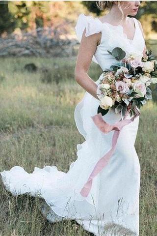 V Neck Backless Sheath White Wedding Dresses Long Simple Bridal Dresses DMN96