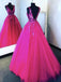 V Neck Hot Pink Tulle Lace Appliques Prom Dress, A Line Formal Evening Dresses DMP160