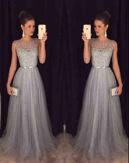 Elegant Gray Tulle Long A Line Prom Dress,Formal Party Dresses DME94