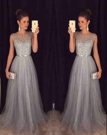 Elegant Gray Tulle Long A Line Prom Dress,Formal Party Dresses DME94