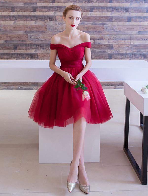 Simple Off the Shoulder Tulle Homecoming Dresses,Short Red Cocktail Party Dress DM311