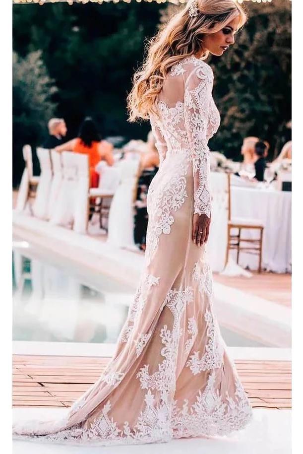 Vintage Long Sleeve Mermaid Lace Applique Wedding Dressses DMN93
