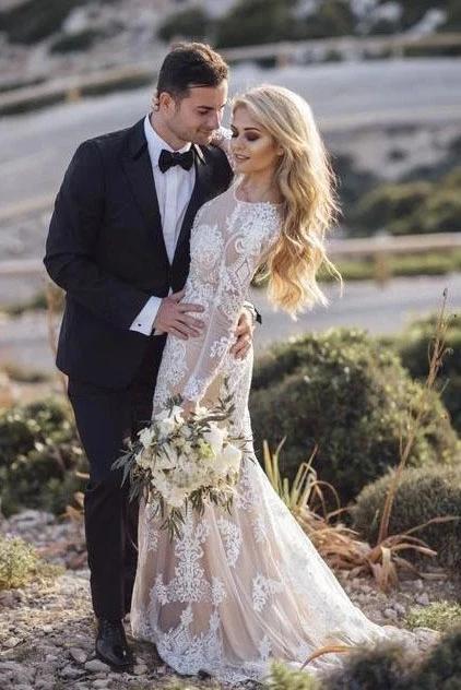 Vintage Long Sleeve Mermaid Lace Applique Wedding Dressses DMN93