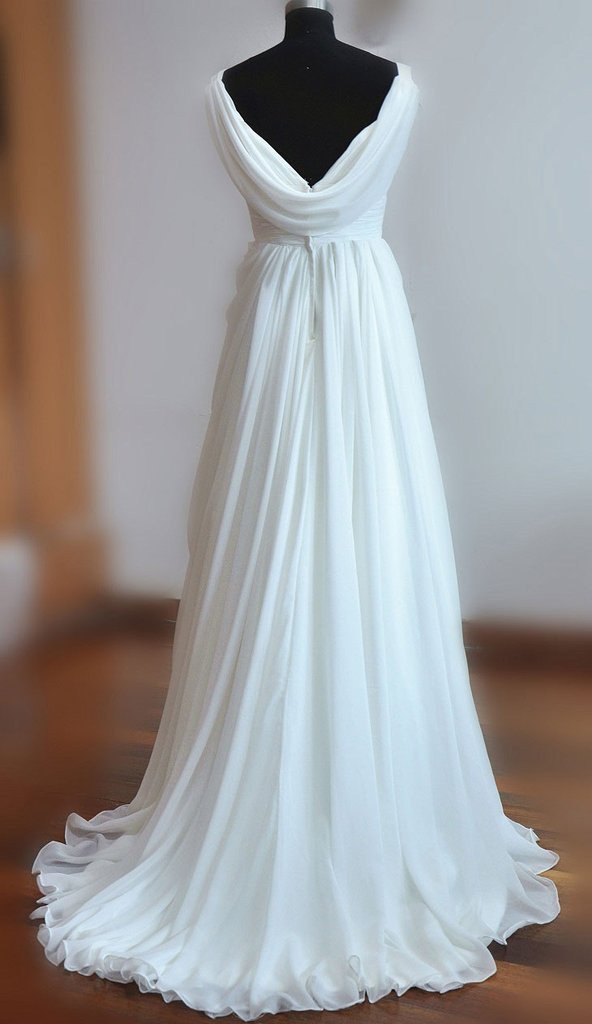 Simple White A-line V-neck Backless Sweep Train Chiffon Cheap Beach Wedding Dresses DM219