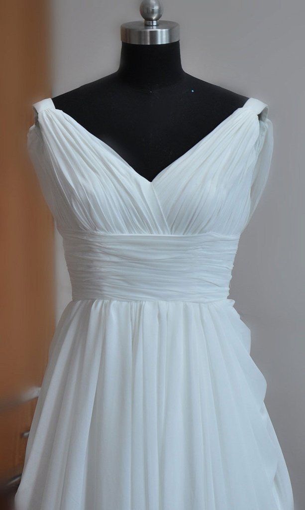 Simple White A-line V-neck Backless Sweep Train Chiffon Cheap Beach Wedding Dresses DM219