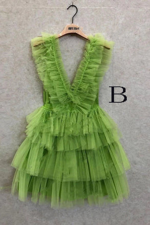 A Line Hot Pink V Neck Tiered Homecoming Dresses, Cute Tulle Short Prom Party Dresses DMHD37