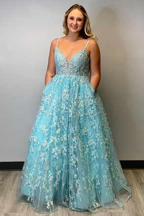 A-line Spaghetti Straps Lace Appliques Prom Dress Modest Long Evening Dress With Pockets DMS19