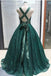 A-line V neck Dark Green Sequined Long Prom Dresses Sparkly Evening Party Dresses DMS18