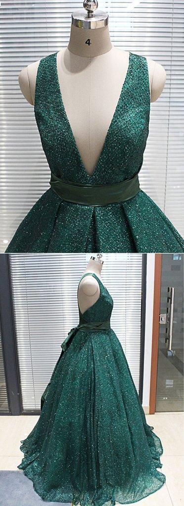 A-line V neck Dark Green Sequined Long Prom Dresses Sparkly Evening Party Dresses DMS18