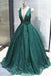 A-line V neck Dark Green Sequined Long Prom Dresses Sparkly Evening Party Dresses DMS18