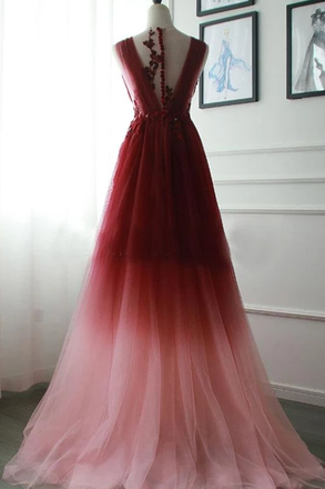 A-line Appliques Burgundy Tulle Long Prom Dresses Formal Evening Dress DMS22