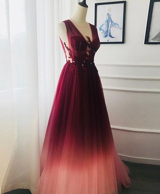 A-line Appliques Burgundy Tulle Long Prom Dresses Formal Evening Dress DMS22