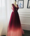 A-line Appliques Burgundy Tulle Long Prom Dresses Formal Evening Dress DMS22