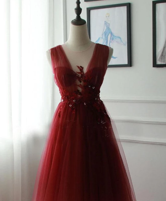 A-line Appliques Burgundy Tulle Long Prom Dresses Formal Evening Dress DMS22