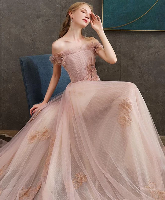 A-line Off-the-shoulder Pearl Pink Long Prom Dresses Evening Dress DMS23