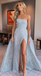 A-line Strapless Sky Blue Long Prom Dresses Unique Long Evening Dress DMS24