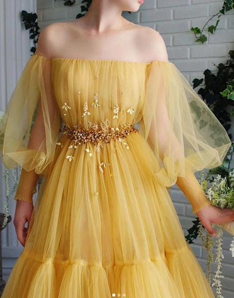 A-line Off-the-shoulder Yellow Tulle Long Prom Dresses Evening Dress DMS56