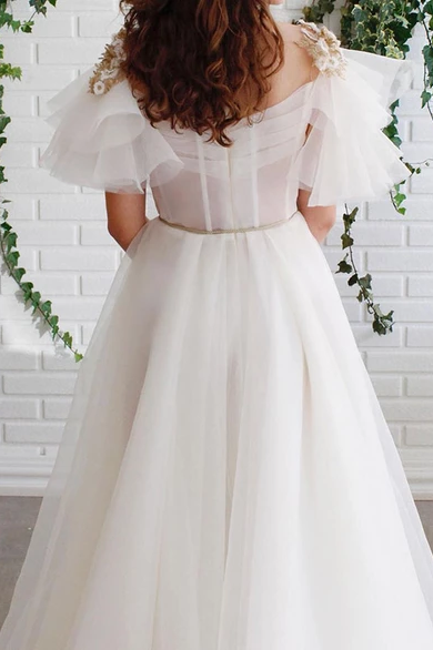 A-line Off White Short Sleeves Long Prom Dresses Organza Evening Dress DMS57