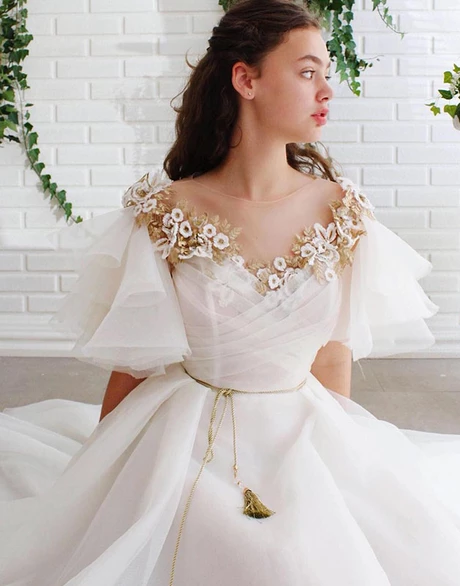 A-line Off White Short Sleeves Long Prom Dresses Organza Evening Dress Demodresses A-line Off White Short Sleeves Long Prom Dresses Organza Evening Dress Demodresses