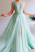 A-line Mint Green Long Cheap Prom Dresses Beading Tulle Evening Dress DMS99