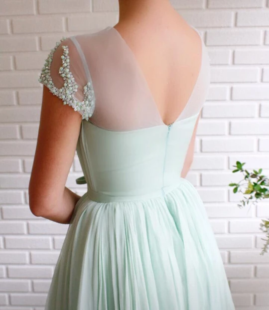 A-line Mint Green Long Cheap Prom Dresses Beading Tulle Evening Dress DMS99