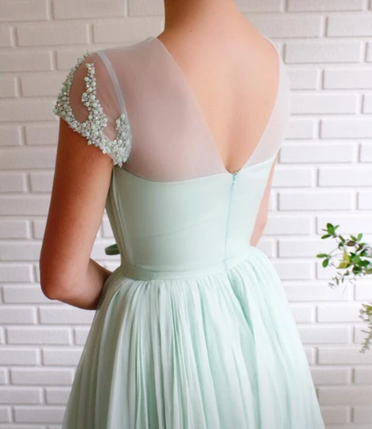 A-line Mint Green Long Cheap Prom Dresses Beading Tulle Evening Dress Demodresses A-line Mint Green Long Cheap Prom Dresses Beading Tulle Evening Dress Demodresses