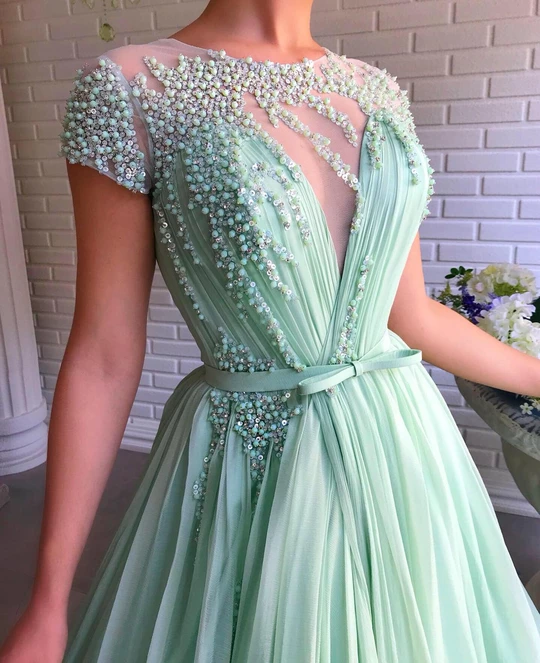 A-line Mint Green Long Cheap Prom Dresses Beading Tulle Evening Dress Demodresses A-line Mint Green Long Cheap Prom Dresses Beading Tulle Evening Dress Demodresses