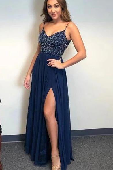A-line Spaghetti Straps Dark Blue Chiffon Long Prom Dresses Beaded Evening Dress DMS96