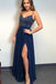 A-line Spaghetti Straps Dark Blue Chiffon Long Prom Dresses Beaded Evening Dress DMS96