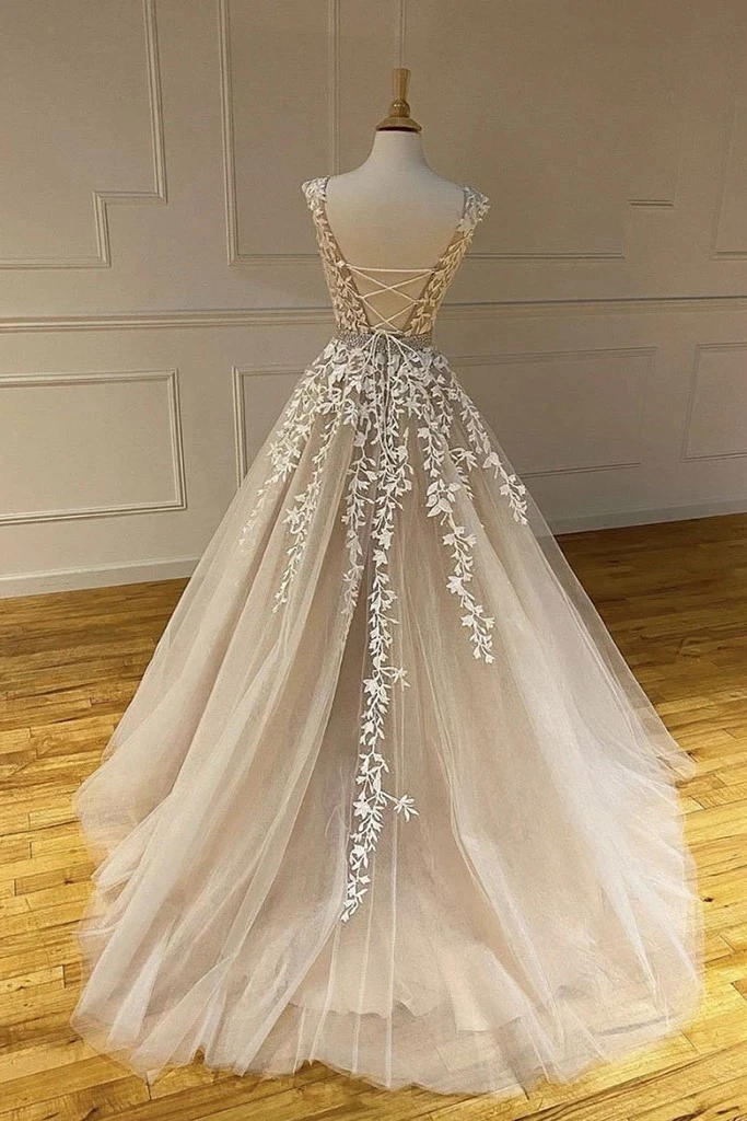 A-line Scoop Lace Appliques Long Prom Dresses Cheap Evening Dress DMS92