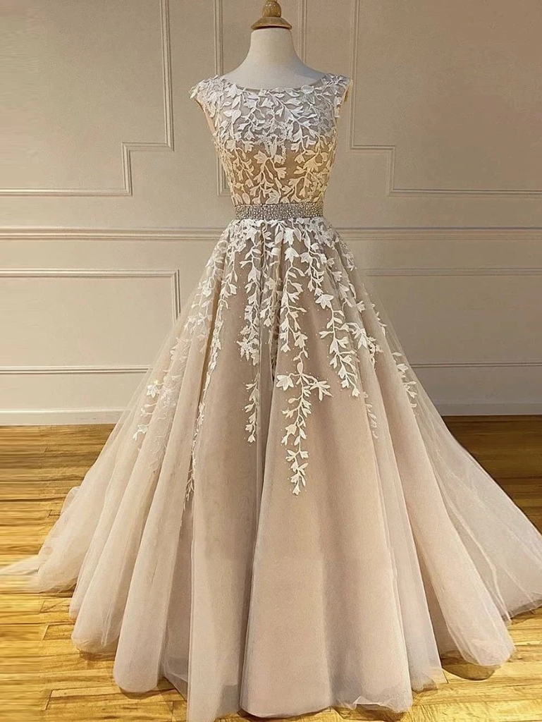 A-line Scoop Lace Appliques Long Prom Dresses Cheap Evening Dress DMS92