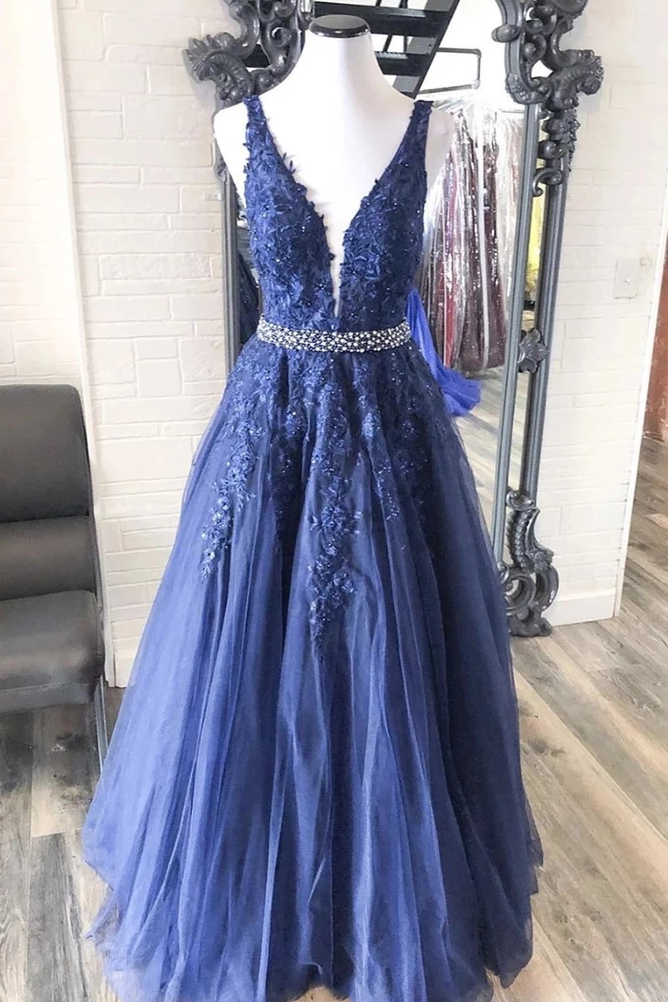 A-line V neck Royal Blue Lace Appliques Long Prom Dresses Tulle Evening Dress DMS95