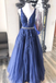 A-line V neck Royal Blue Lace Appliques Long Prom Dresses Tulle Evening Dress DMS95
