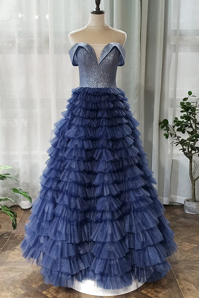 A-line Off-the-shoulder Royal Blue Long Prom Dresses Tulle Evening Dress DMS94