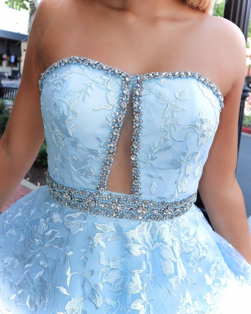 Chic A-line Strapless Sky Blue Lace Beaded Long Prom Dresses Formal Evening Dress DM1021