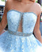 Chic A-line Strapless Sky Blue Lace Beaded Long Prom Dresses Formal Evening Dress DM1021
