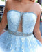 Stunning A-line Strapless Sky Blue Lace Beaded Long Prom Dresses Evening Dress DMT2